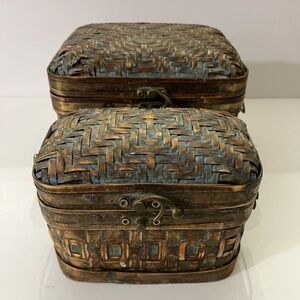 Vintage Bamboo Wicker And Brass Boxes With Handle Latch Woven Brown and Blue